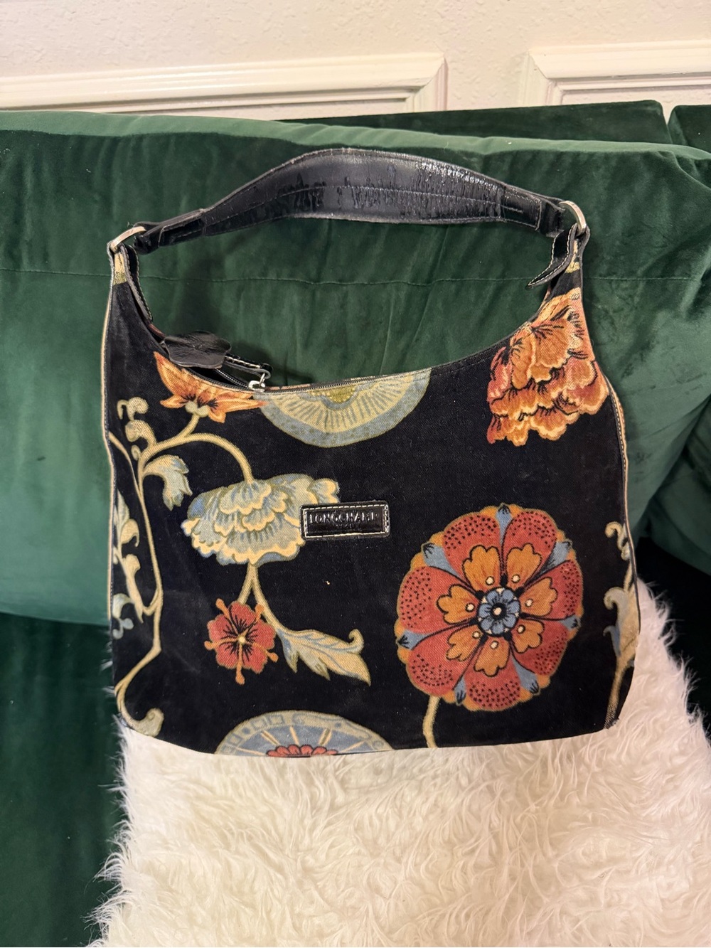 Longchamp Black Velvet Shoulder Bag with Multicolor Floral Embroidery